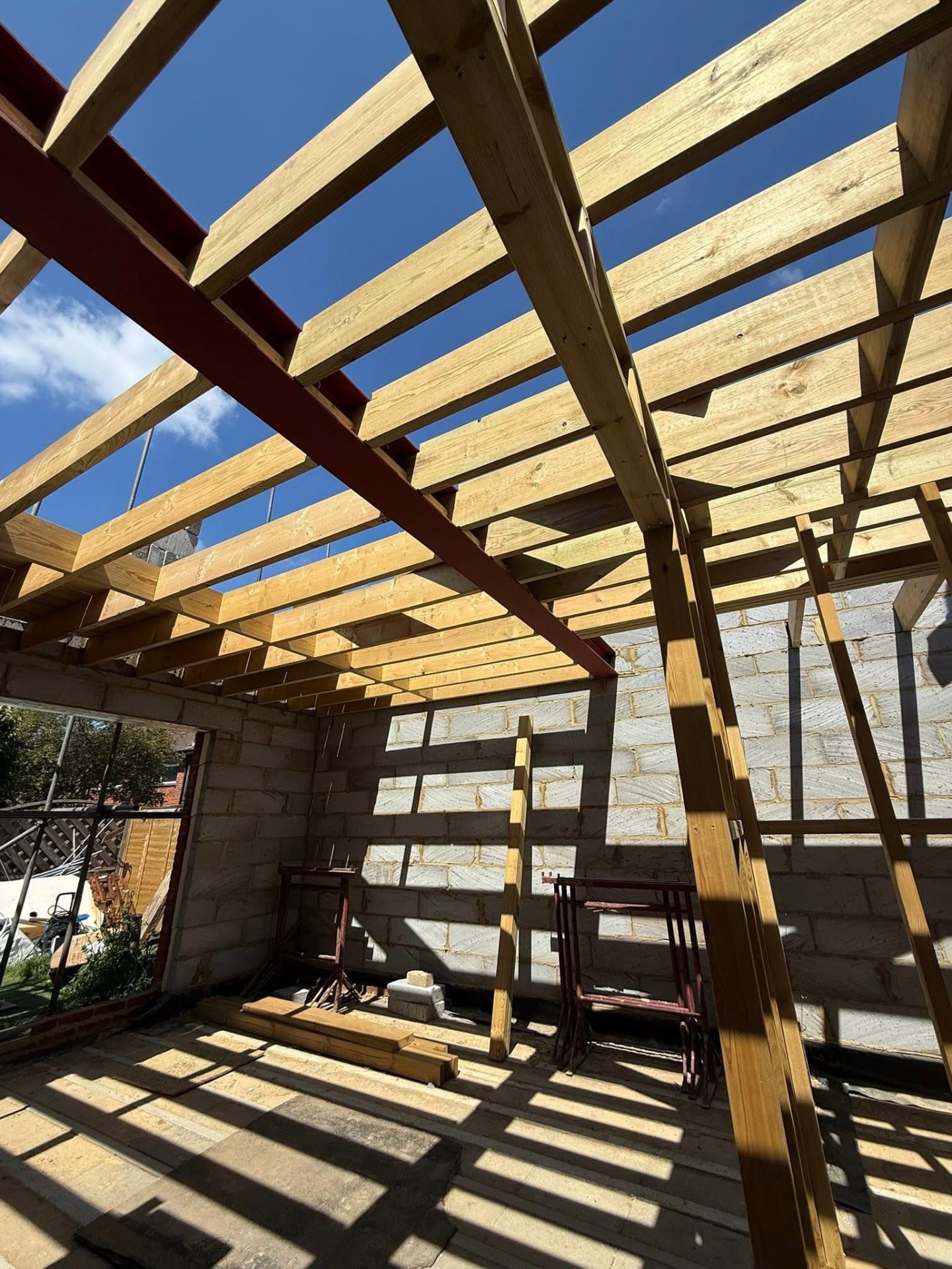 New build roof joists and steel beam installation during construction by A Baker Construction West Sussex